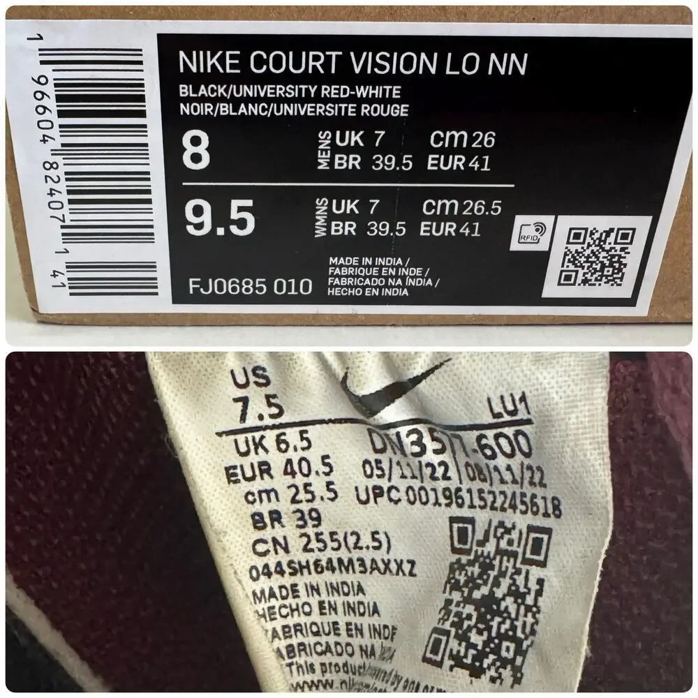 NIKE Court Vision LO NN Shoes Black/University Red White Maroon Men 8 Women 9.5 - Picture 13 of 13